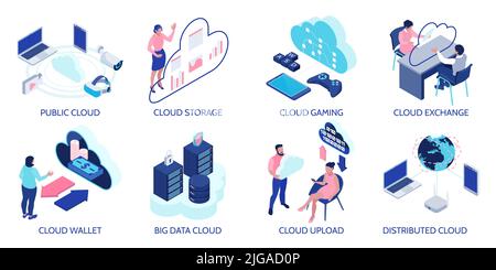 Cloud technology compositions set with cloud upload symbols isometric isolated vector illustration Stock Vector