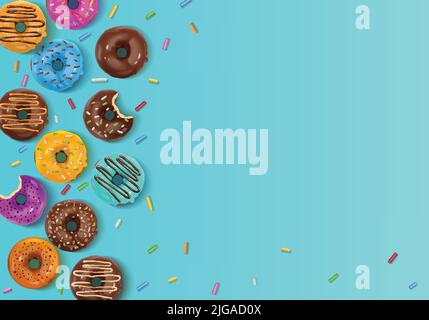 Blue background with track of colorful whole and bitten donut cakes realistic vector illustration Stock Vector