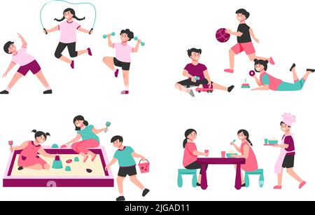 Kids doing sports exercises set vector illustration. Cartoon cute