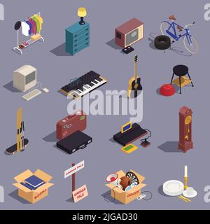 Flea market and garage sale isometric icons set with vintage goods isolated vector illustration Stock Vector