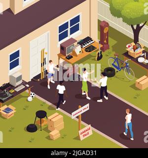 Flea market and garage sale isometric composition with people choosing antique items vector illustration Stock Vector