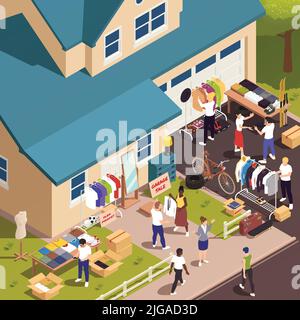 Garage sale and flea market composition with isometric house and people shopping outdoors vector illustration Stock Vector