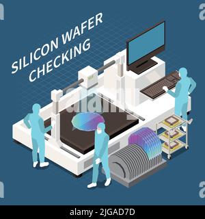 Semiconductor chip production isometric composition with three workers in chemical suits checking silicon wafers 3d vector illustration Stock Vector