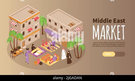 Middle east market horizontal banner with isometric illustration of people trading on arabic outdoor street bazaar vector illustration Stock Vector