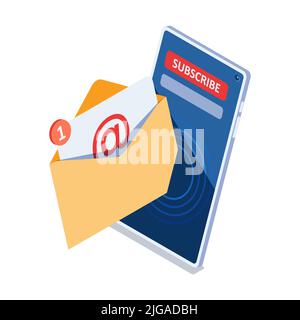 Flat 3d Isometric Email Notification with Subscribe Button on Smarthpone Screen. Newsletter subscription and Email Marketing Concept. Stock Vector