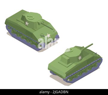 WWII military vehicles set with isometric armored tanks isolated vector illustration Stock Vector