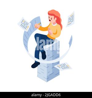 Flat 3d Isometric Woman Writing and Sitting on Document Stack. Writer and Paperwork Concept. Stock Vector