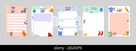 Colorful blank planner stickers with to do wish check lists and funny images realistic set isolated on grey background vector illustration Stock Vector