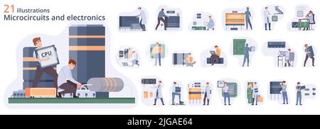 Micro chips composition set with motherboard symbols flat isolated vector illustration Stock Vector