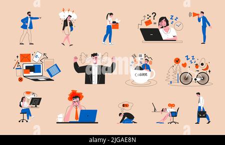 Professional burnout flat color set of young people exhausted and tired from hard work needed in vacation isolated vector illustration Stock Vector