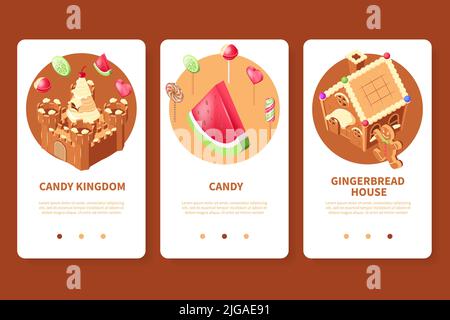 Candy land isometric app design set of three vertical banners with page switch buttons and text vector illustration Stock Vector