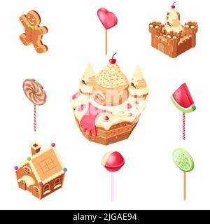 Candy land isometric set with isolated icons of lollipop candies on sticks with gingerbread man house vector illustration Stock Vector