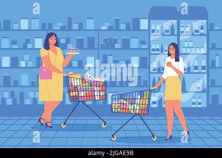 Scene in supermarket flat composition showing oversized woman and girl following diet with grocery carts vector illustration Stock Vector