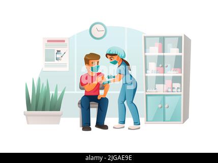 Man in medical mask getting vaccination in doctors office cartoon vector illustration Stock Vector