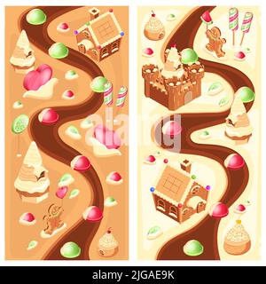 Candy land isometric board game set with vertical fields of play and images of gingerbread houses vector illustration Stock Vector