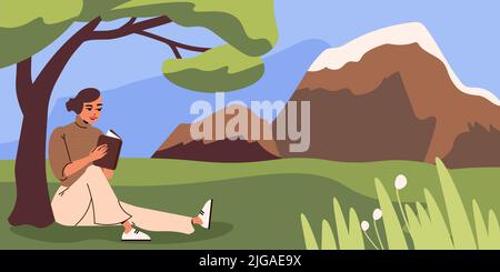 People relax flat composition with young woman sitting on grass under tree and reading book vector illustration Stock Vector