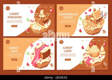 Candy land isometric web sites set with four designs for landing pages with text links images vector illustration Stock Vector