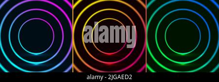 Set of colorful glowing neon lighting circles frame design pattern retro style on dark background. Vector illustration Stock Vector