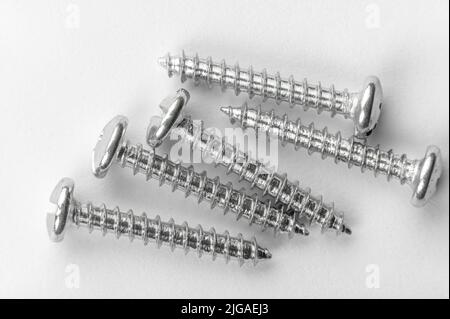 five screws on white paper. detailed macro photo. Self Tapping Screws. Set of screw Stock Photo