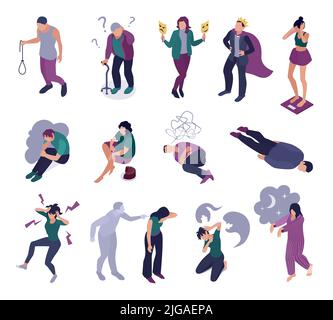 Isometric mental disorders icon set suicidal thoughts depression anxiety confusion stress sleepwalking nightmares eating disorders descriptions vector Stock Vector