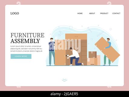Furniture assembly flat web site landing page design with images and clickable text links with buttons vector illustration Stock Vector