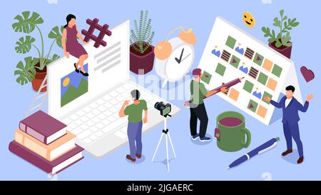Isometric content manager composition with content plan and four creators at work vector illustration Stock Vector