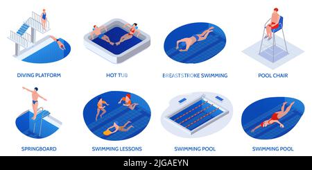 Isometric swimming pool composition set with diving platform hot tub pool chair springboard lessons descriptions vector illustration Stock Vector