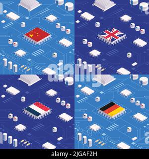 Digital government isometric concept set with microchips and national flags vector illustration Stock Vector