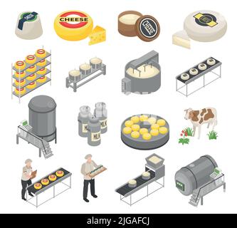 Isometric cheese production set of isolated icons with ready product packages and industrial facilities with workers vector illustration Stock Vector