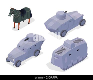 First world war military vehicles equipment including armored tanks isometric vector illustration Stock Vector