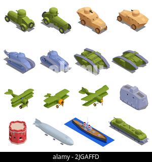 First world war military vehicles and equipment isometric set isolated vector illustration Stock Vector