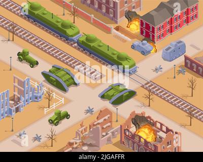 First world war military vehicles in ruined city isometric vector illustration Stock Vector