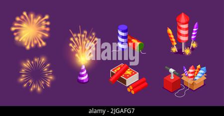 Fireworks isomateic set with petards and explosions isometric vector illustration Stock Vector
