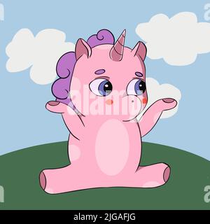 The unicorn sits on a twine against the backdrop of the moon and clouds Stock Vector