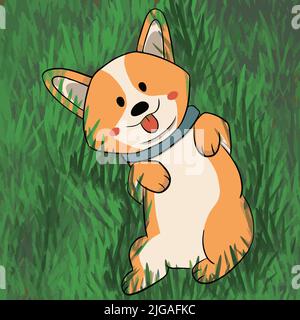 Corgi lies on her back and smiles, against the background of her meadows and fields Stock Vector