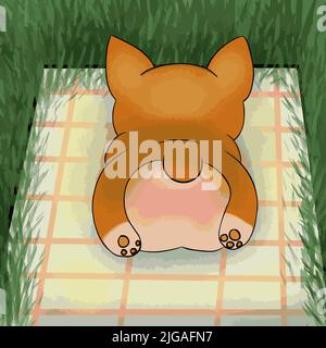 Shiba lies with his back on a litter on his tummy against the background of a meadow Stock Vector