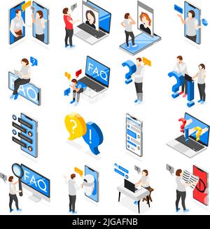 Frequently asked questions isometric set of users searching useful information or instruction for problem solving isolated vector illustration Stock Vector
