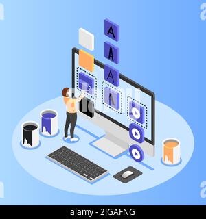 UI and UX design isometric background with female designer selecting colors of user interface vector illustration Stock Vector