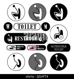 Vector men and women, disabled restroom sign set. Black silhouettes of people. Vector toilet icons Stock Vector