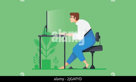 Man sitting at a desk and working on the computer, side view. Work from home concept. vector illustration Stock Vector