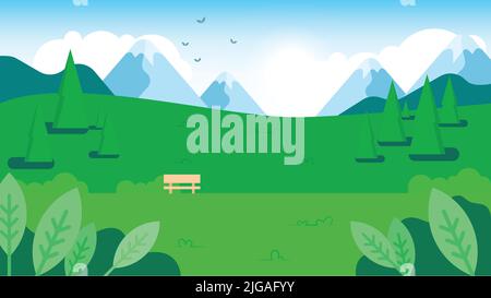 Grassland with mountains and sunny sky. Summer meadow landscape vector illustration. Stock Vector
