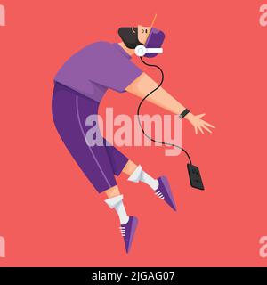 Beard young man with cap listening music from headphones is in jumping pose. Music and dance, poster or banner design concept. Stock Vector