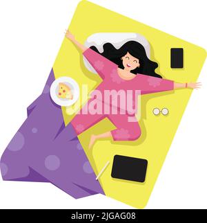 Joyful young woman lying on bed with pizza, mobile phone and glasses. Concept of happy sleeping, bed time and morning wake up. vector illustration Stock Vector
