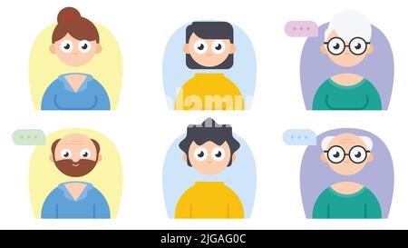 Set of people avatars of different ages and genders. Collection of smiling young and old men and women icons, with chat bubble. vector illustration Stock Vector
