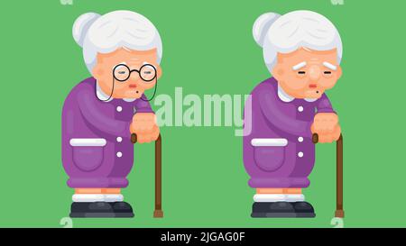 Old woman with a walking stick in a standing position, with eye glasses and without eye glasses. Flat style vector illustration Stock Vector
