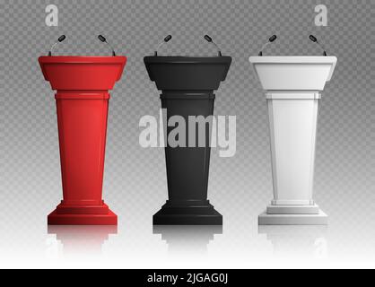 Three realistic white black and red tribunes for lecture with microphones on transparent background isolated vector illustration Stock Vector