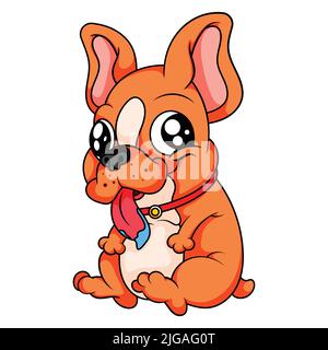 Cute puppy with big shiny eyes. Little dog sitting and showing tiny red tongue. Adorable print design pet, isolated on white background. Stock Vector