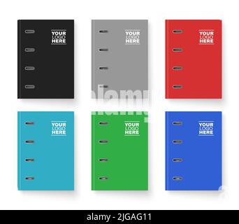 Top view of six colored realistic A4 office binders with metal rings isolated vector illustration Stock Vector