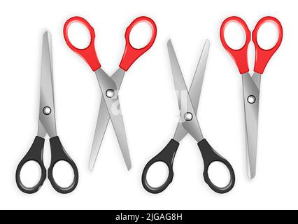 Realistic set of four pairs of scissors with black and red handles isolated vector illustration Stock Vector
