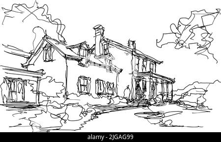 hand drawn architectural sketch of beautiful classic detached village house with garden  and trees Stock Photo